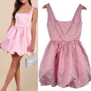 Lulus Mini Dress XS Light Pink Satin Regal Cutie Square Neck Bubble Hem Kidcore